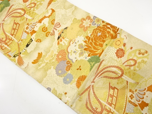 JAPANESE KIMONO / ANTIQUE MARU OBI / WOVEN MANSION & KIKU